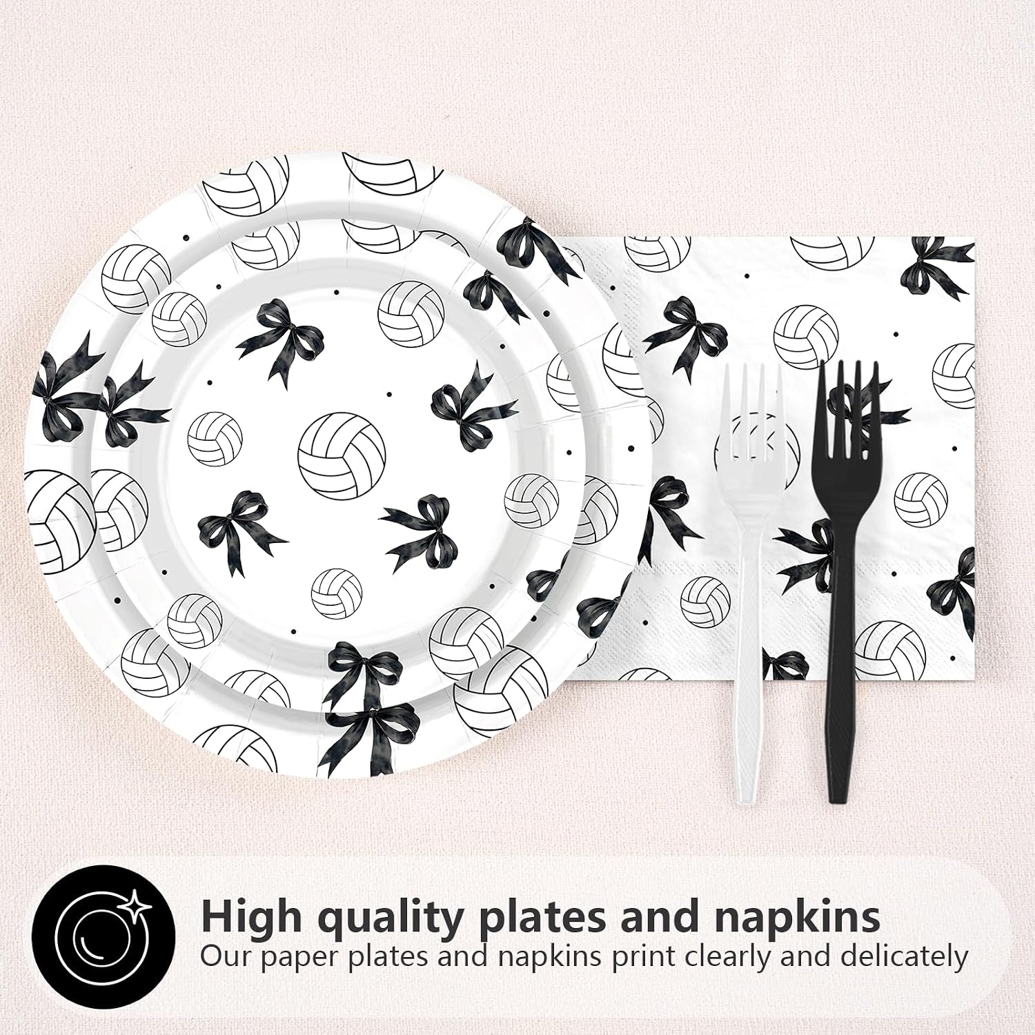 96 Pcs Black Bow Volleyball Party Plates and Napkins - Grencian