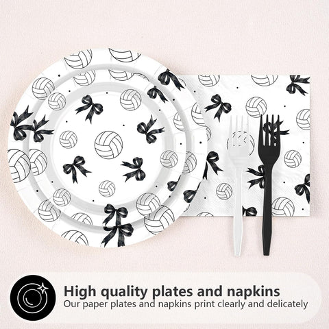 96 Pcs Black Bow Volleyball Party Plates and Napkins - Grencian
