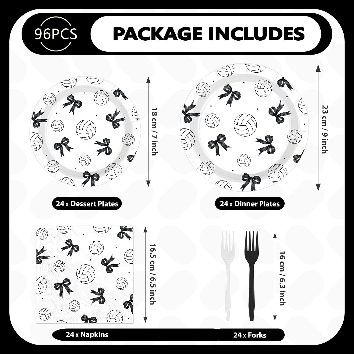 96 Pcs Black Bow Volleyball Party Plates and Napkins - Grencian