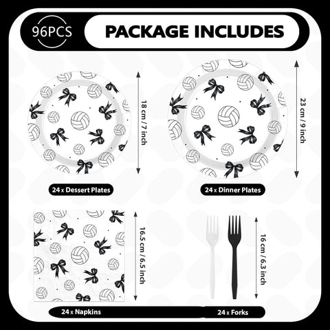 96 Pcs Black Bow Volleyball Party Plates and Napkins - Grencian