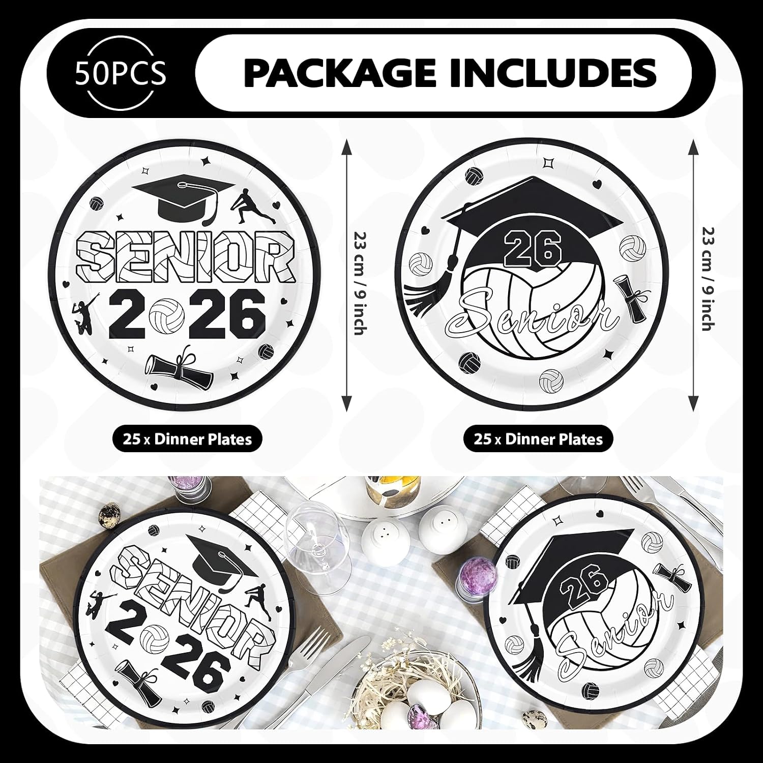 50 Pcs 9-inch Volleyball Graduation Party Paper Plates - Grencian