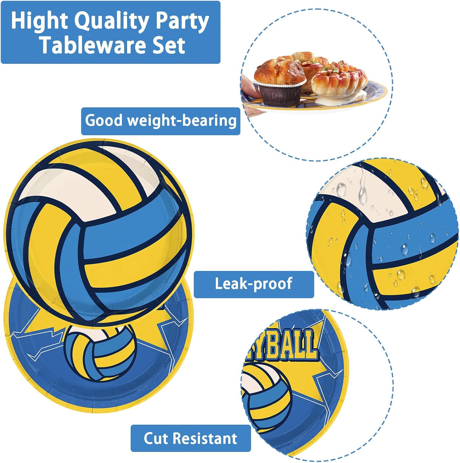 96 Pcs Yellow Blue Volleyball Party Plates and Napkins - Grencian