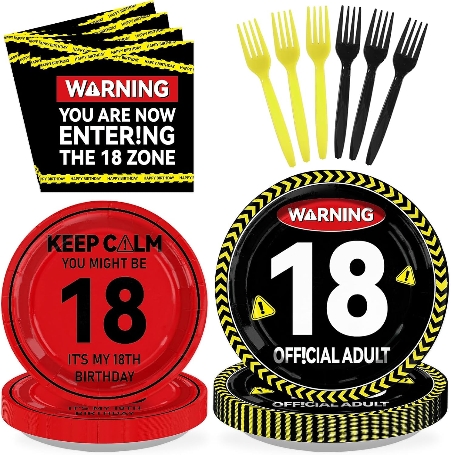 Warning 18th Birthday Plates & Napkins - 96 Pcs - view 1