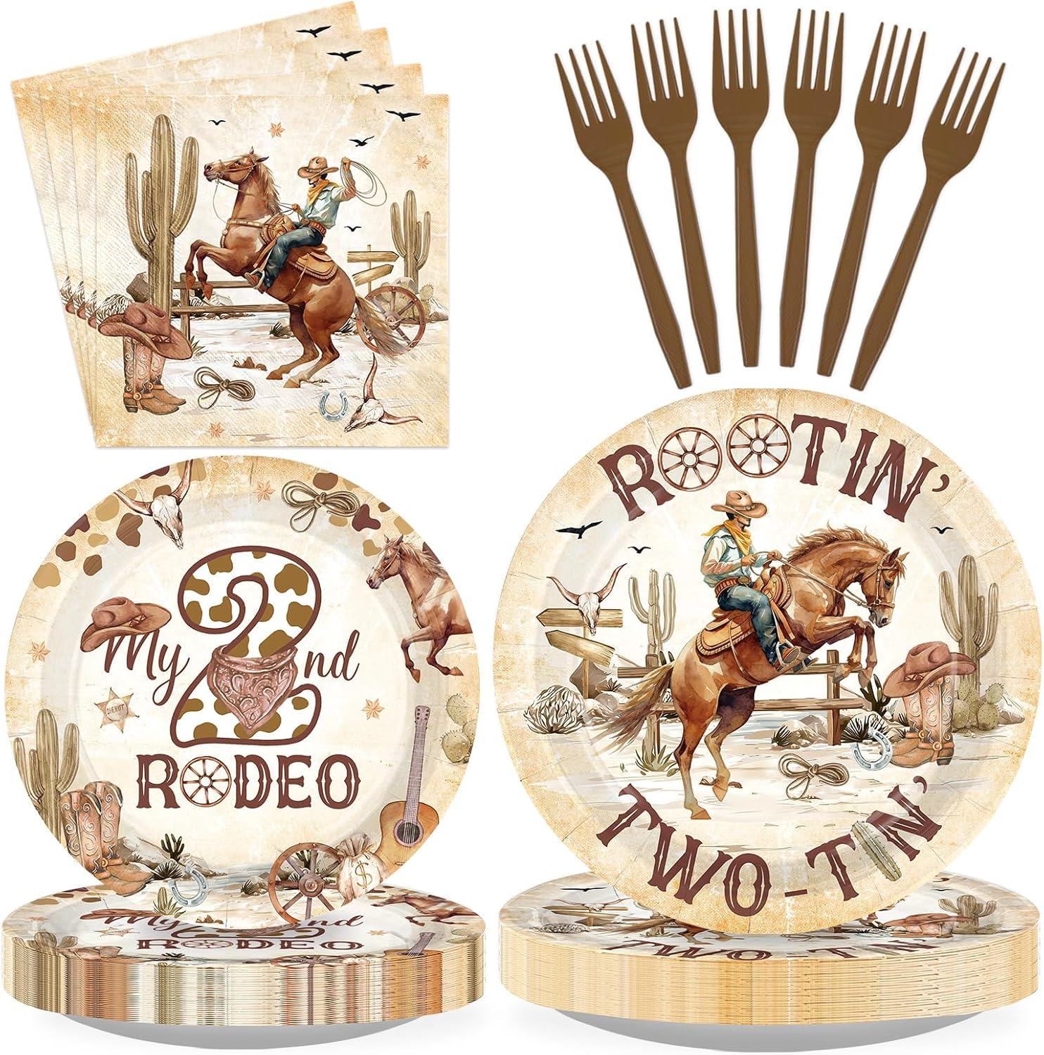 Western Cowboy 2nd Birthday Plates & Napkins Set - 96 Pcs - Grencian
