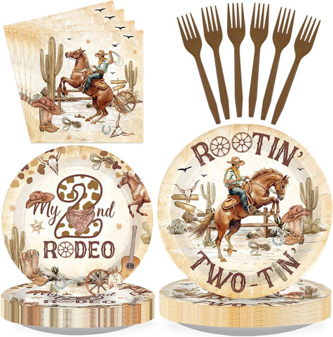 Western Cowboy 2nd Birthday Plates & Napkins Set - 96 Pcs - Grencian