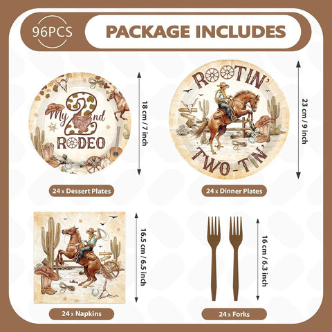 Western Cowboy 2nd Birthday Plates & Napkins Set - 96 Pcs - Grencian