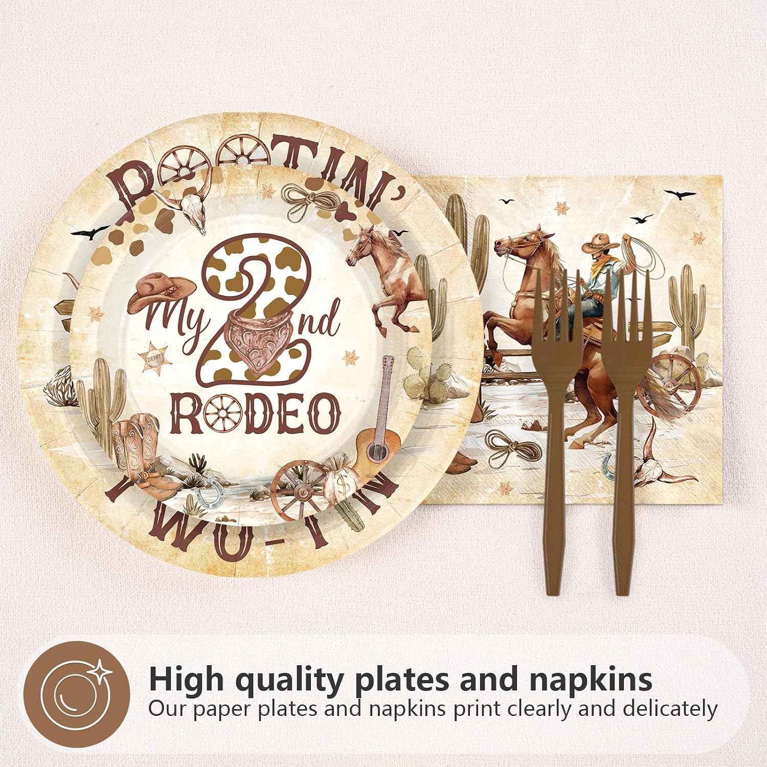 Western Cowboy 2nd Birthday Plates & Napkins Set - 96 Pcs - Grencian