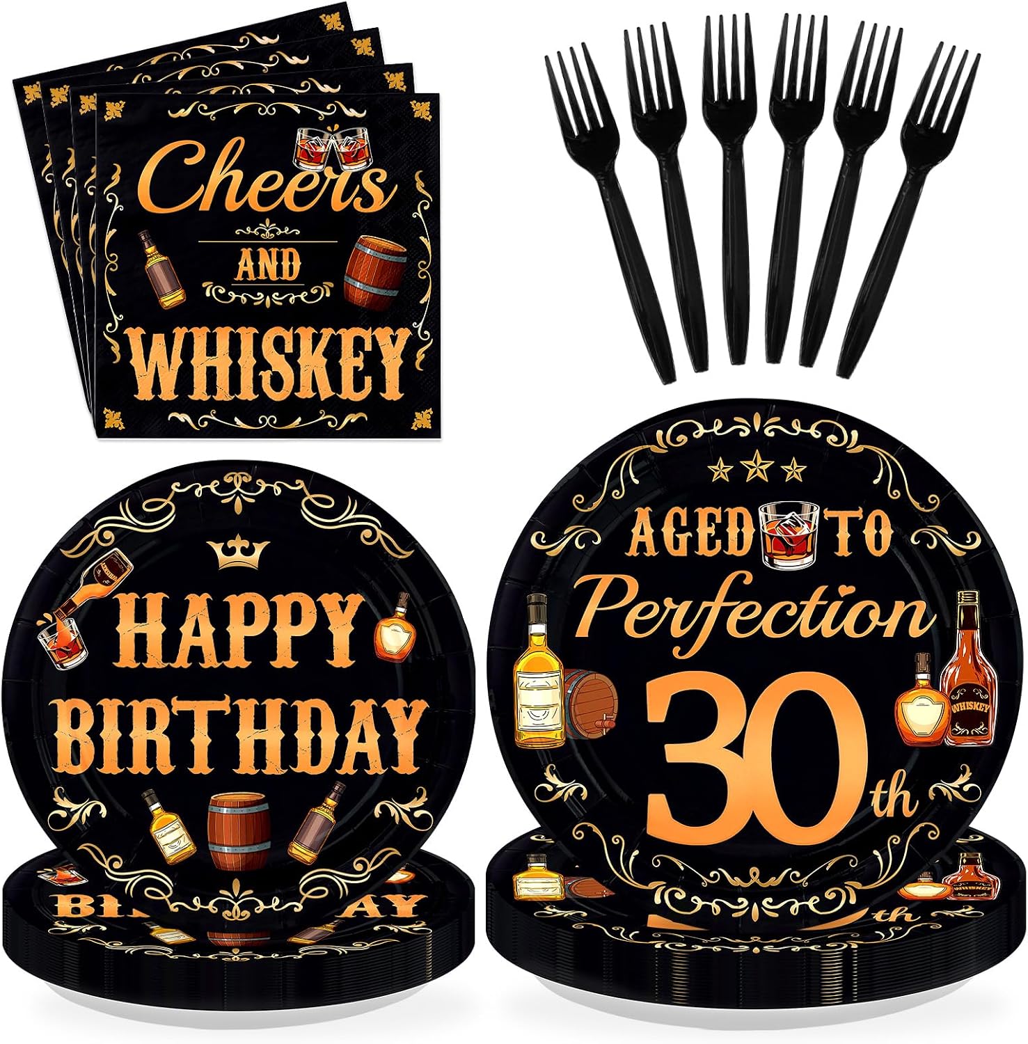 Whiskey 30th Birthday Plates & Napkins Set - 96 Pcs - Grencian