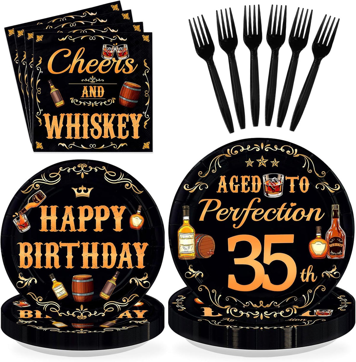 Whiskey 35th Birthday Plates & Napkins Set - 96 Pcs - Grencian