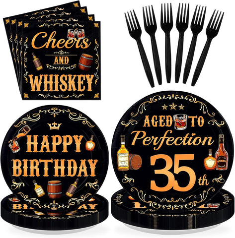 Whiskey 35th Birthday Plates & Napkins Set - 96 Pcs - Grencian