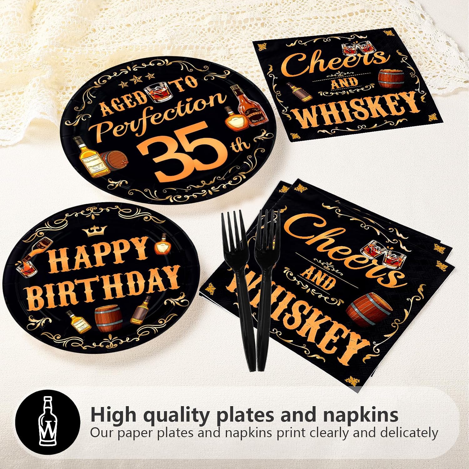Whiskey 35th Birthday Plates & Napkins Set - 96 Pcs - Grencian