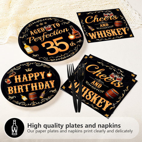 Whiskey 35th Birthday Plates & Napkins Set - 96 Pcs - Grencian