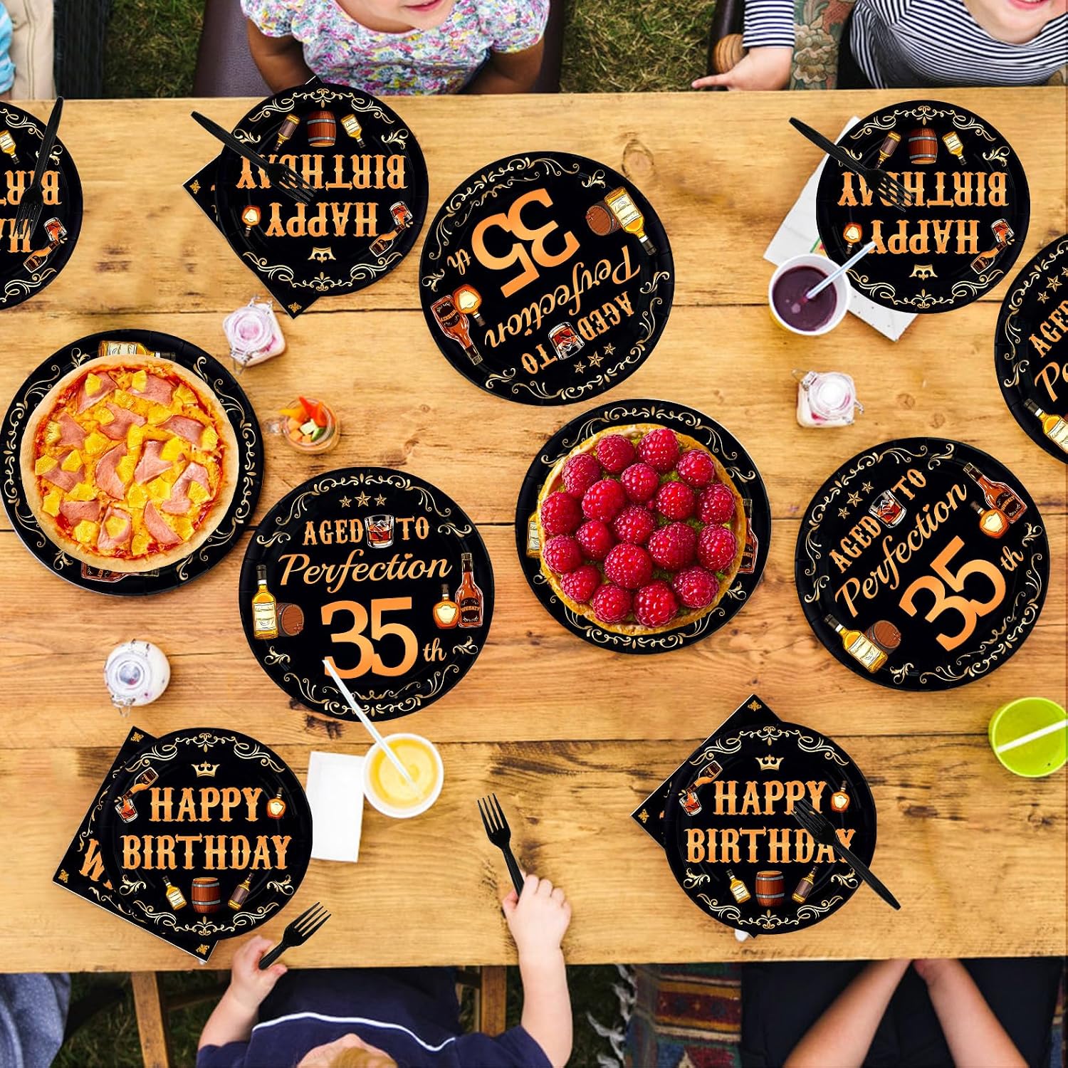 Whiskey 35th Birthday Plates & Napkins Set - 96 Pcs - Grencian