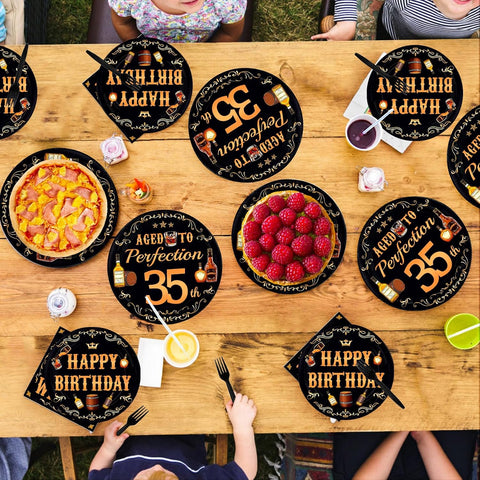 Whiskey 35th Birthday Plates & Napkins Set - 96 Pcs - Grencian