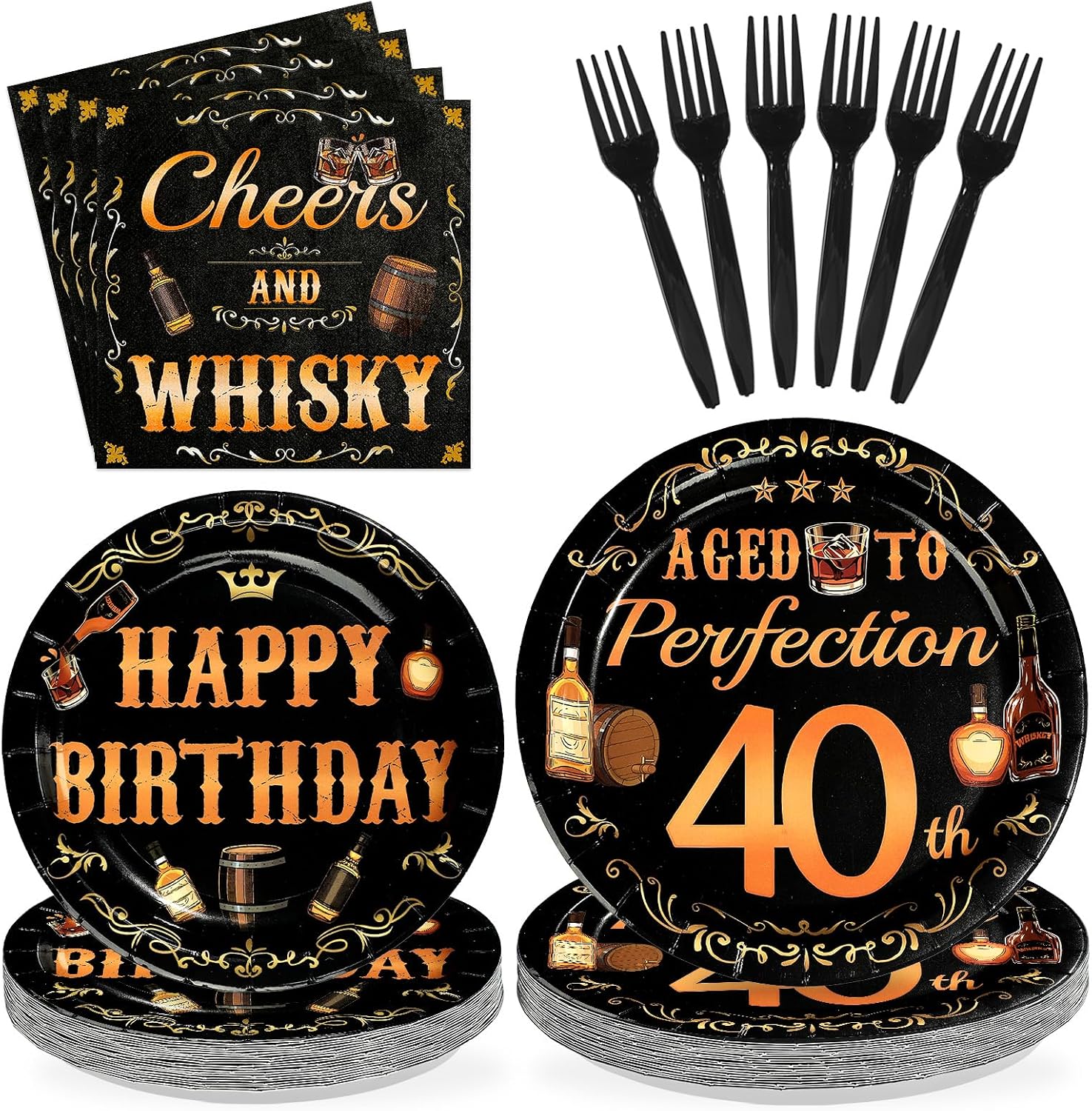 Whiskey 40th Birthday Plates & Napkins Set - 96 Pcs - Grencian