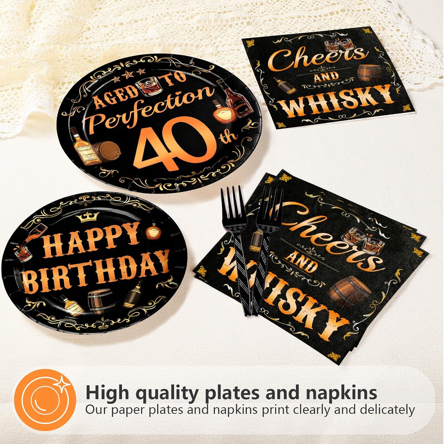 Whiskey 40th Birthday Plates & Napkins Set - 96 Pcs - Grencian