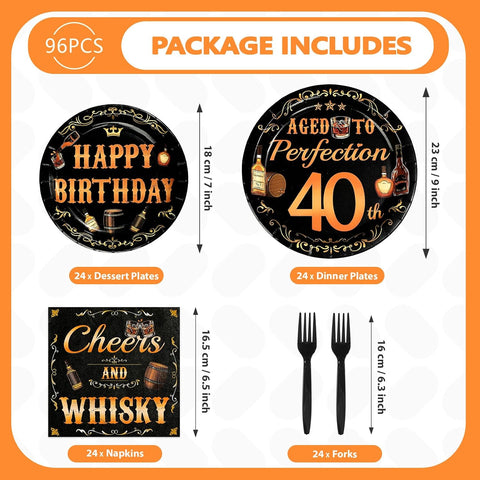 Whiskey 40th Birthday Plates & Napkins Set - 96 Pcs - Grencian