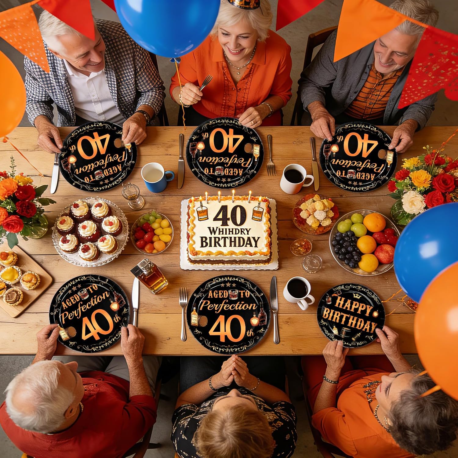 Whiskey 40th Birthday Plates & Napkins Set - 96 Pcs - Grencian