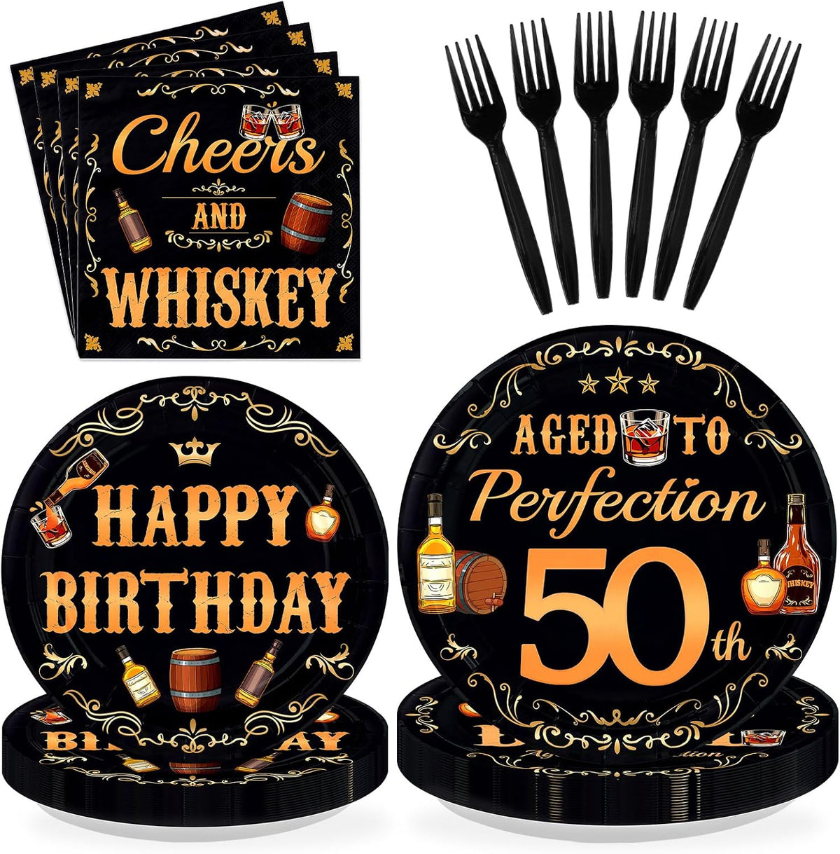 Whiskey 50th Birthday Plates & Napkins Set - 96 Pcs - Grencian