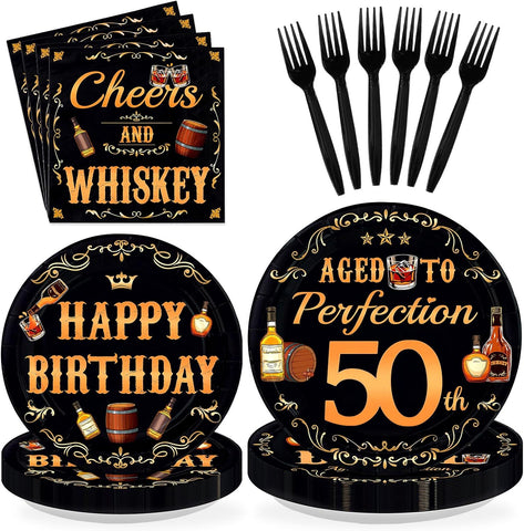 Whiskey 50th Birthday Plates & Napkins Set - 96 Pcs - Grencian