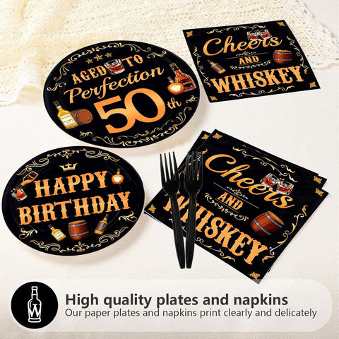 Whiskey 50th Birthday Plates & Napkins Set - 96 Pcs - Grencian