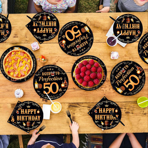 Whiskey 50th Birthday Plates & Napkins Set - 96 Pcs - Grencian