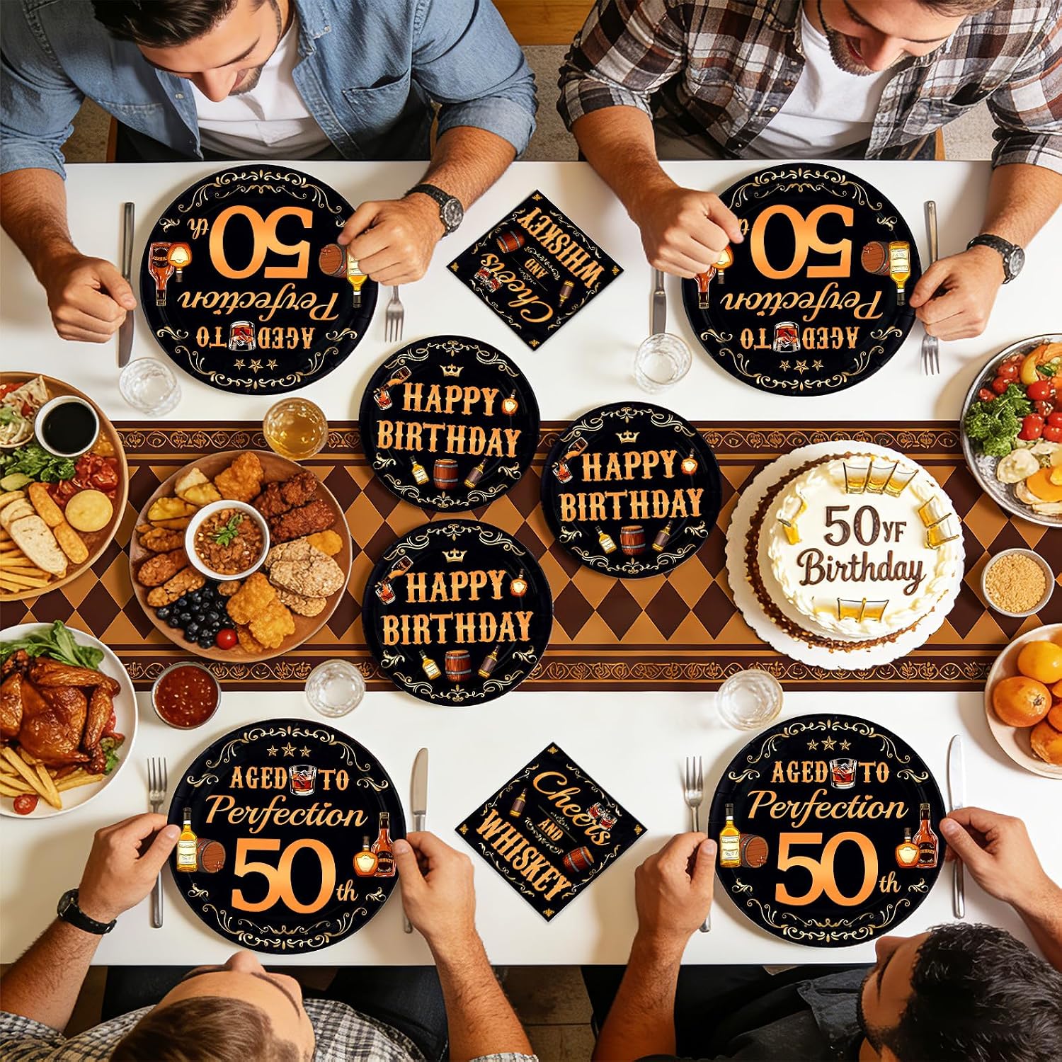 Whiskey 50th Birthday Plates & Napkins Set - 96 Pcs - Grencian