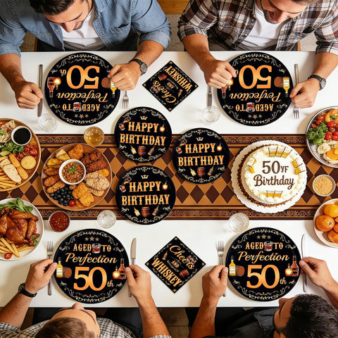 Whiskey 50th Birthday Plates & Napkins Set - 96 Pcs - Grencian