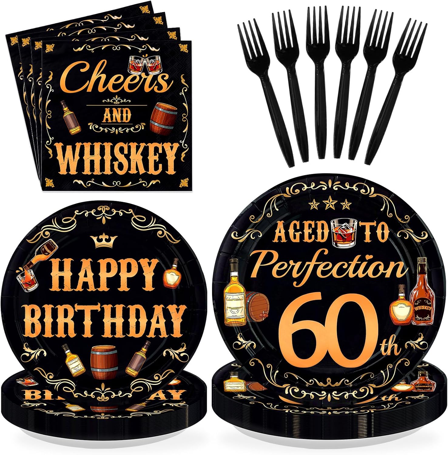 Whiskey 60th Birthday Plates & Napkins Set - 96 Pcs - Grencian