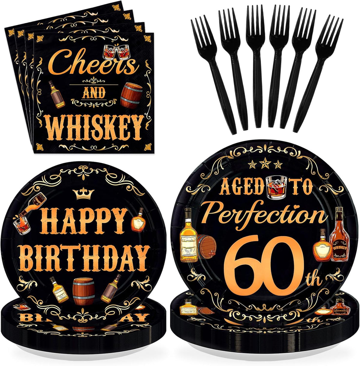 Whiskey 60th Birthday Plates & Napkins Set - 96 Pcs - Grencian