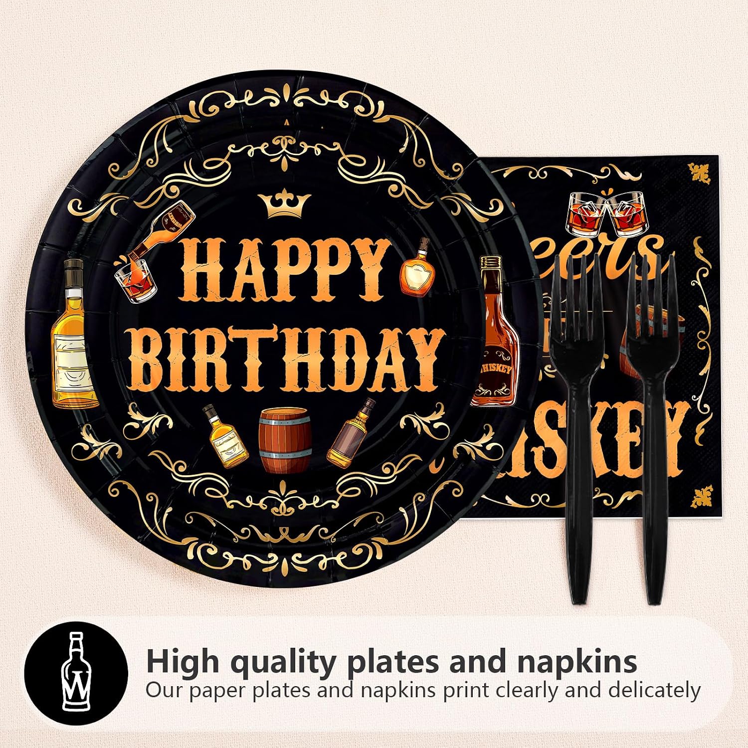 Whiskey 60th Birthday Plates & Napkins Set - 96 Pcs - Grencian