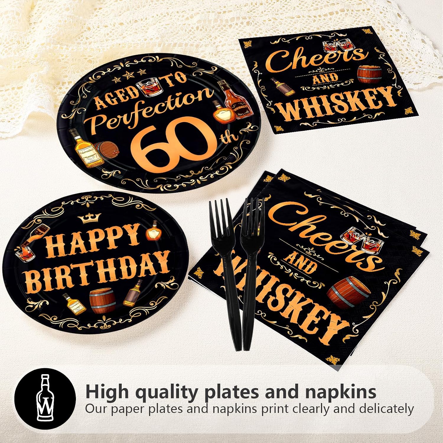 Whiskey 60th Birthday Plates & Napkins Set - 96 Pcs - Grencian