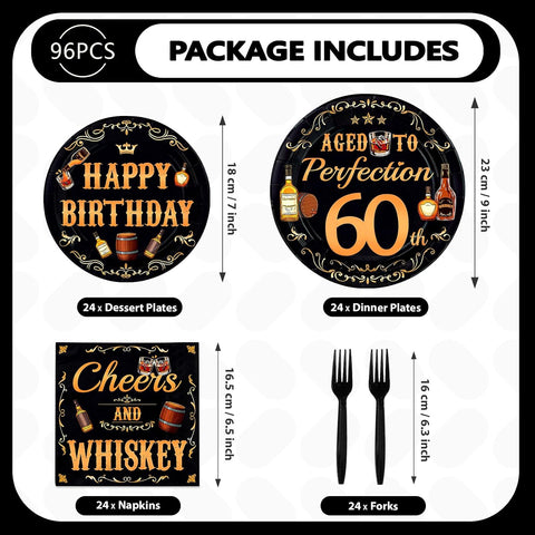 Whiskey 60th Birthday Plates & Napkins Set - 96 Pcs - Grencian