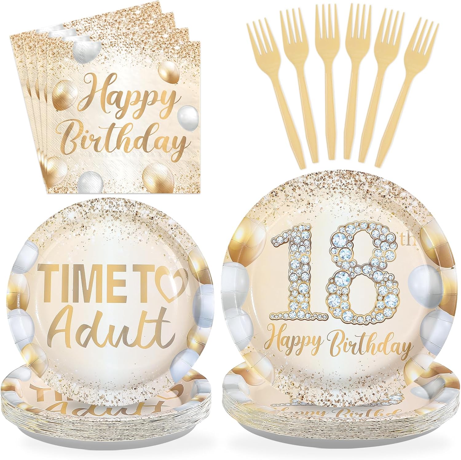 White Gold Glitter 18th Birthday Plates & Napkins - 96 Pcs - image 1