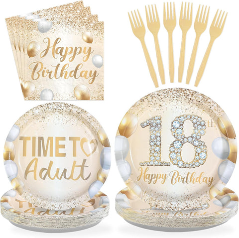 White Gold Glitter 18th Birthday Plates & Napkins - 96 Pcs - image 1