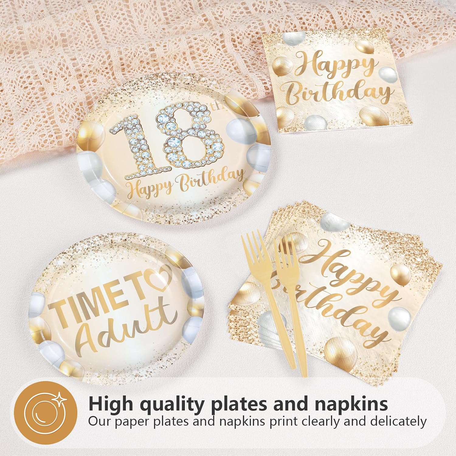 White Gold Glitter 18th Birthday Plates & Napkins - 96 Pcs - image 3