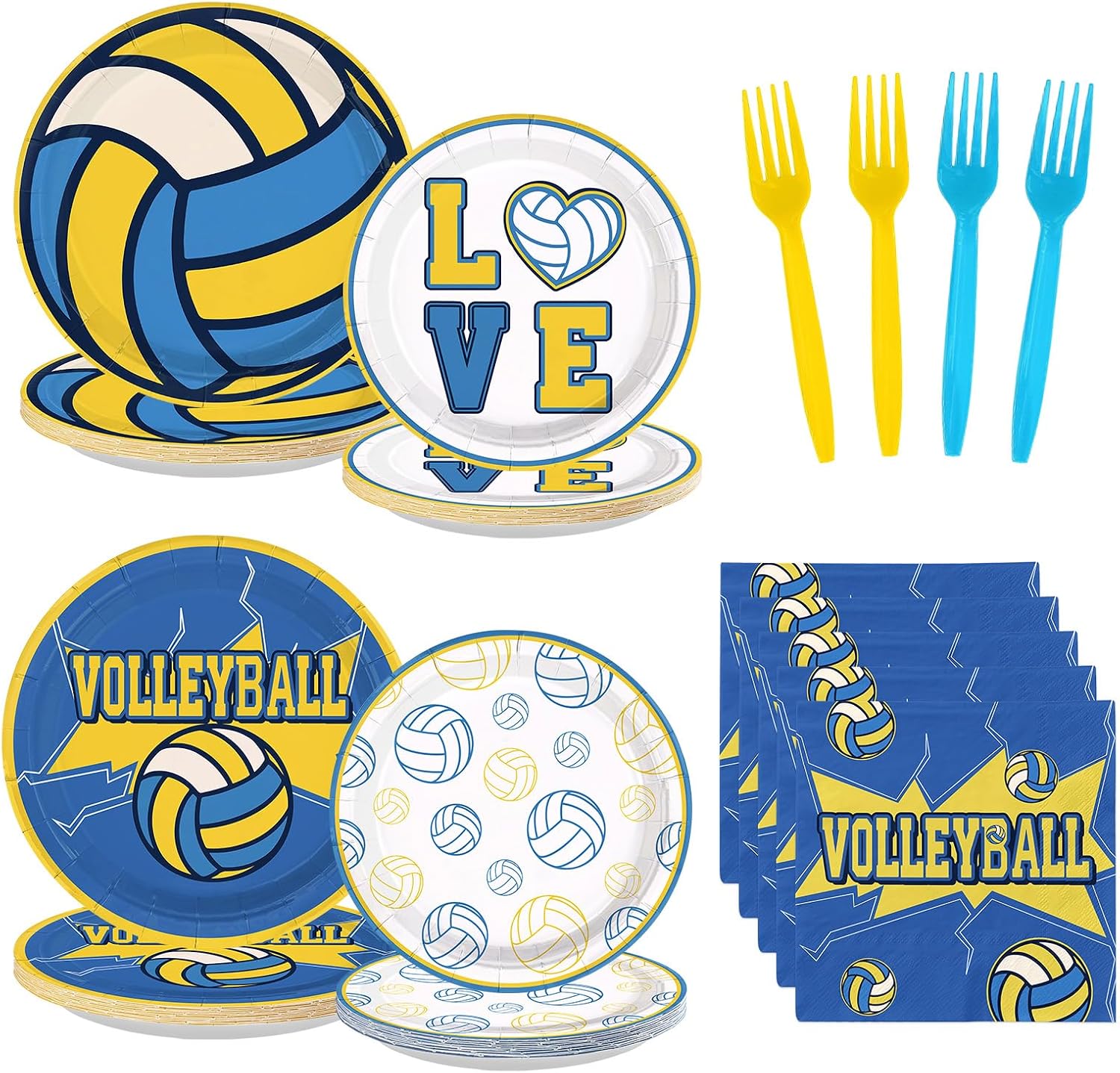 96 Pcs Yellow Blue Volleyball Party Plates and Napkins - Grencian